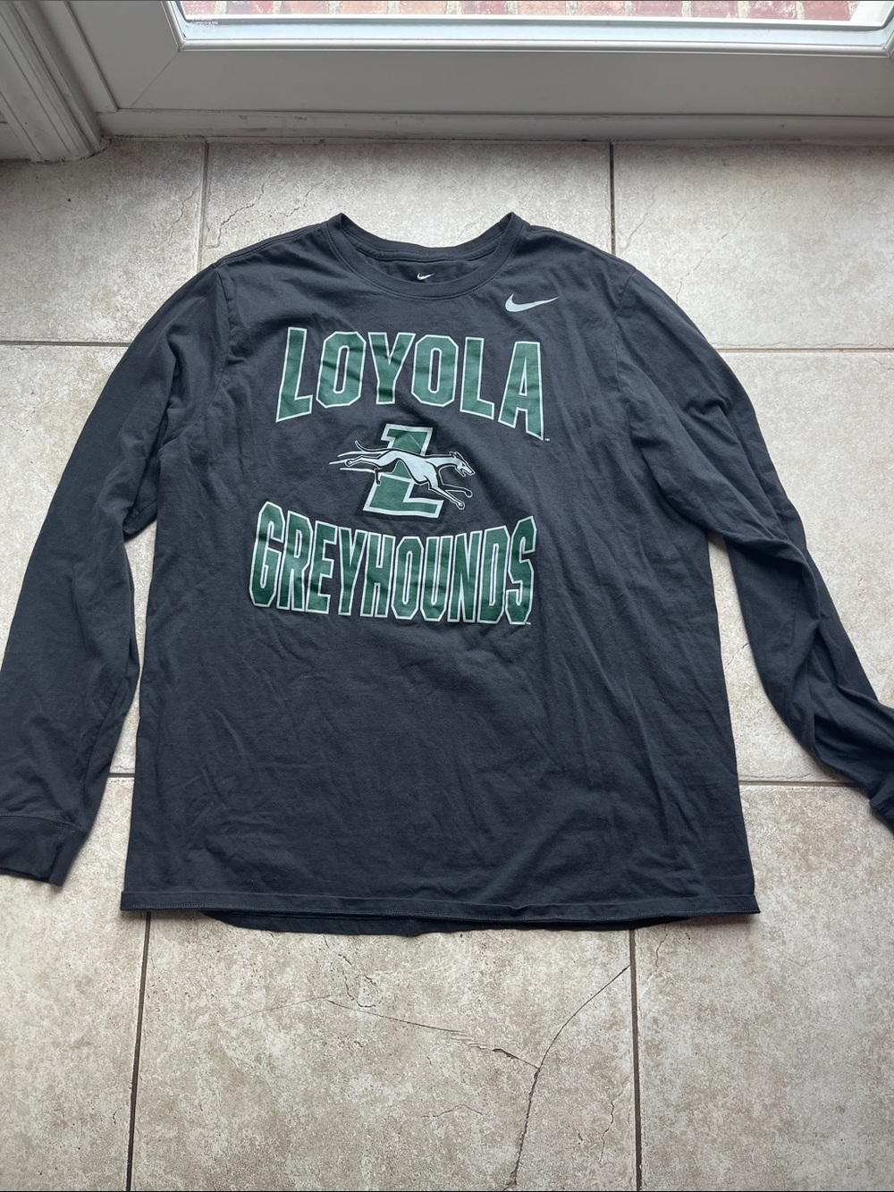 Nike Charcol Long Sleeve Loyola Greyhounds Tee with Green Graphics